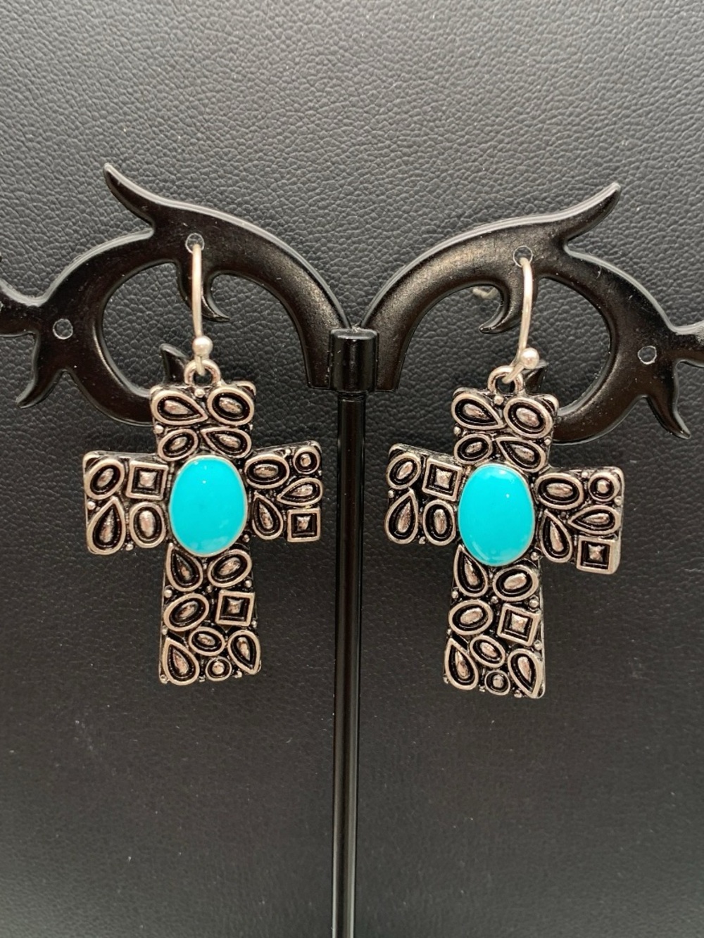 Ornate silver tone & blue Turquoise Cross Dangle Earrings -